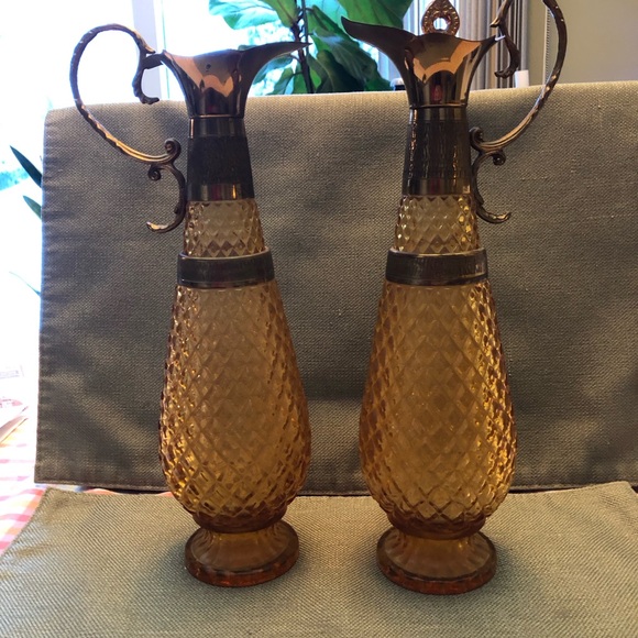 Amber Glass/brass Metastil Italy genie Decanter Set vintage